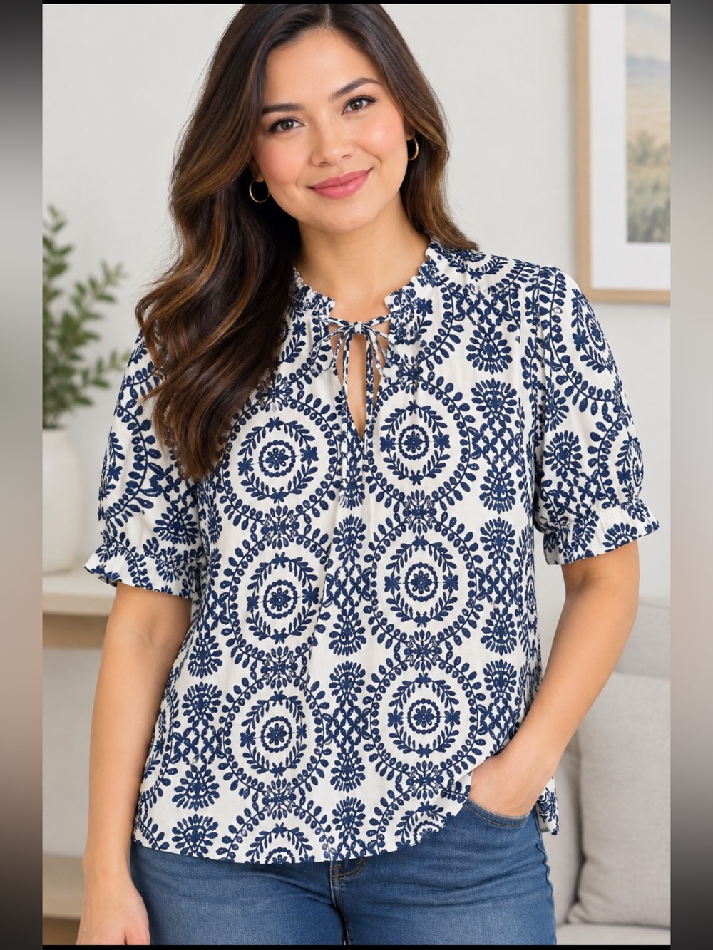 SHEIN Curve Navy & White Tie-Neck Geometric Printed Blouse 1X